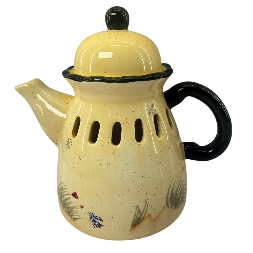 Vintage 90s Yellow Ceramic Teapot Candle Warmer Cover Floral Cutouts