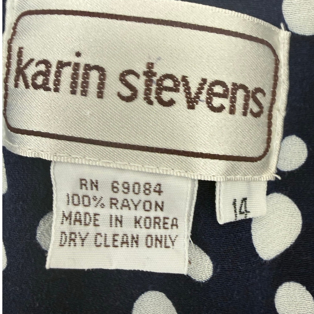 Vintage 80s Women's 14 Karin Stevens Polka Dot Rayon Dress Navy White Tie