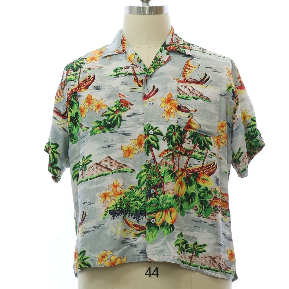 Vintage 90s Network Gray Rayon Hawaiian Canoe Floral Shirt Men's 2XL