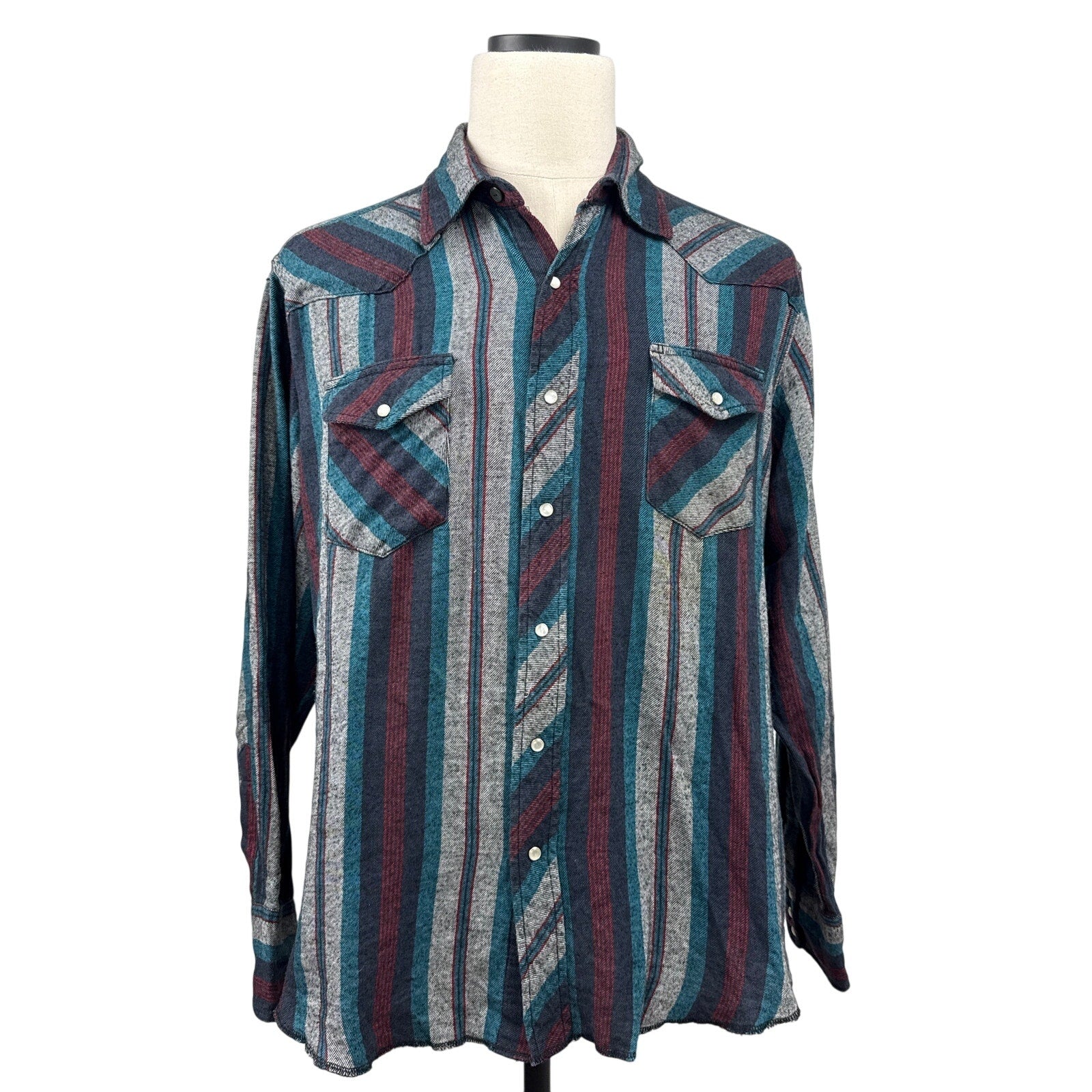 Vintage 80s Wrangler Western Flannel Shirt XL Pearl Snap Striped Cowboy