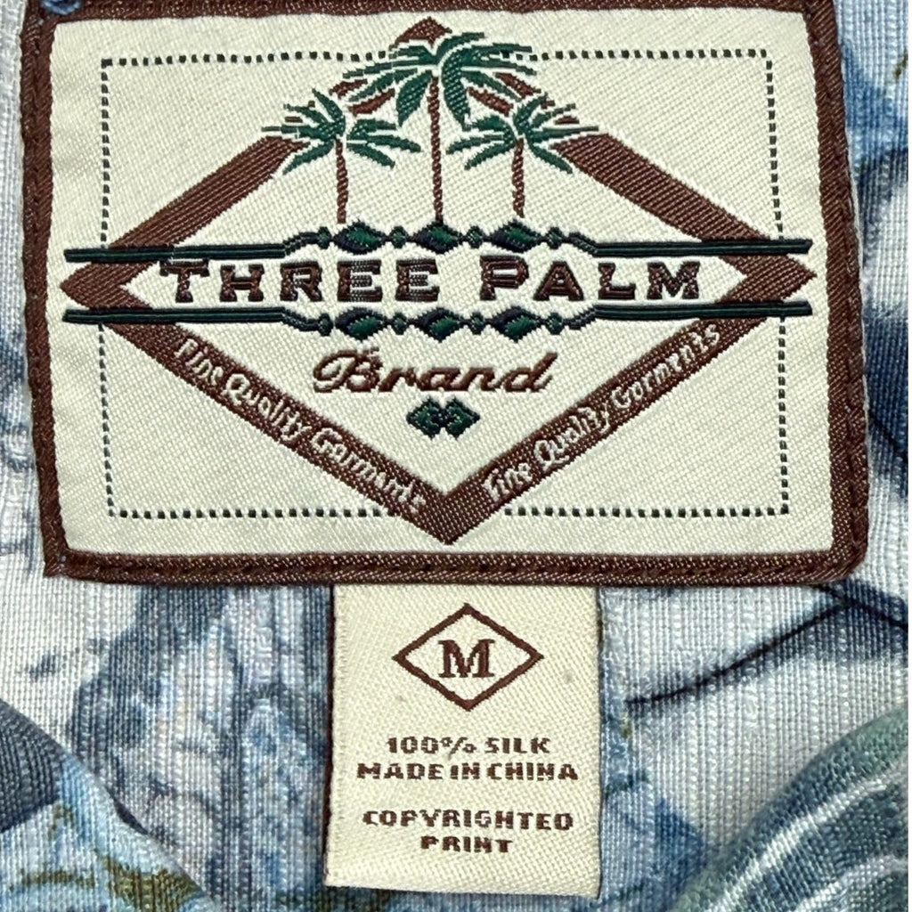 Vintage 90s Three Palms Silk Hawaiian Shirt Mens M Blue Tropical Aloha