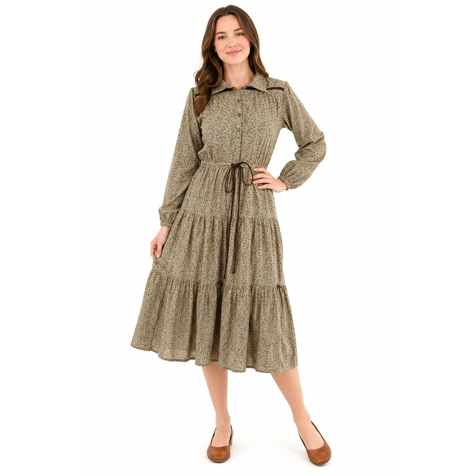Vintage 70s Prairie Floral Cotton Midi Dress Brown Tie Waist Size Medium