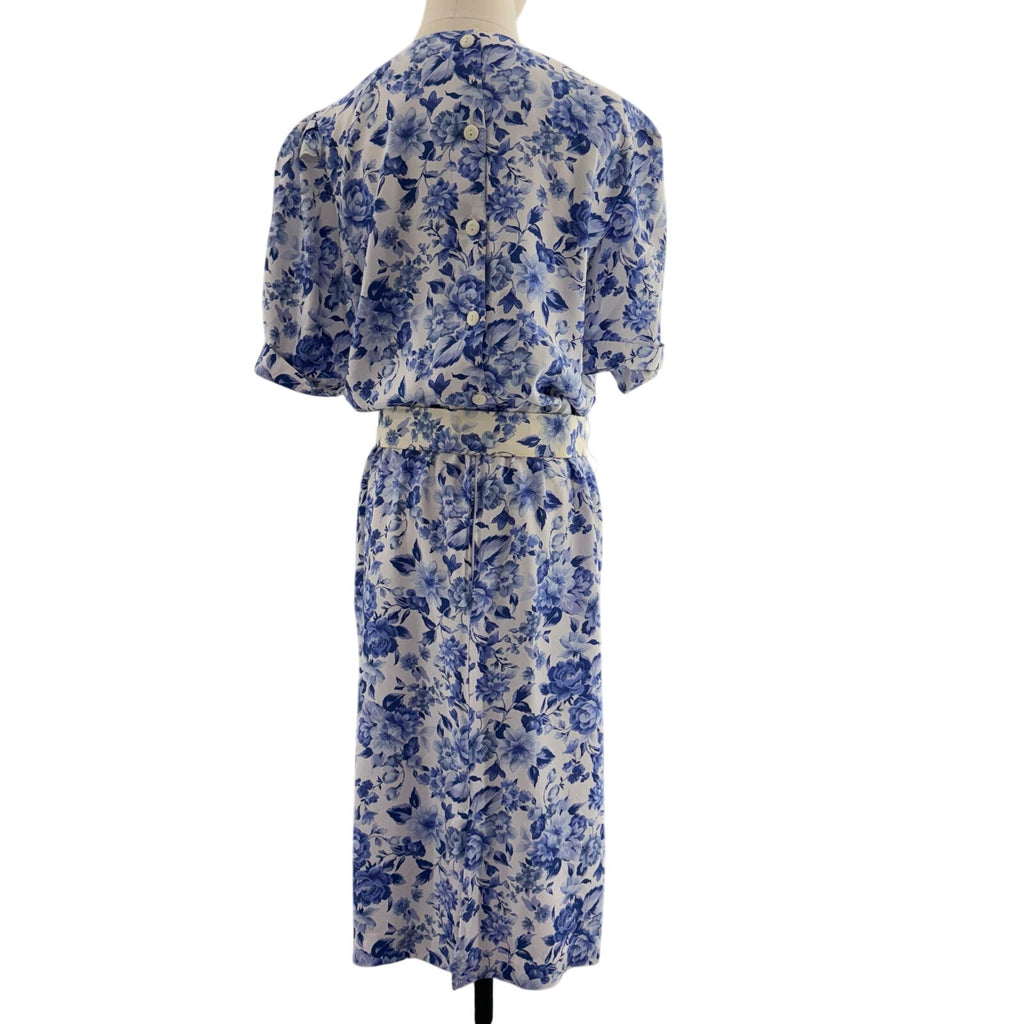 Vintage 90s Womens 12 Karin Stevens Blue Floral Rayon Midi Dress Belted