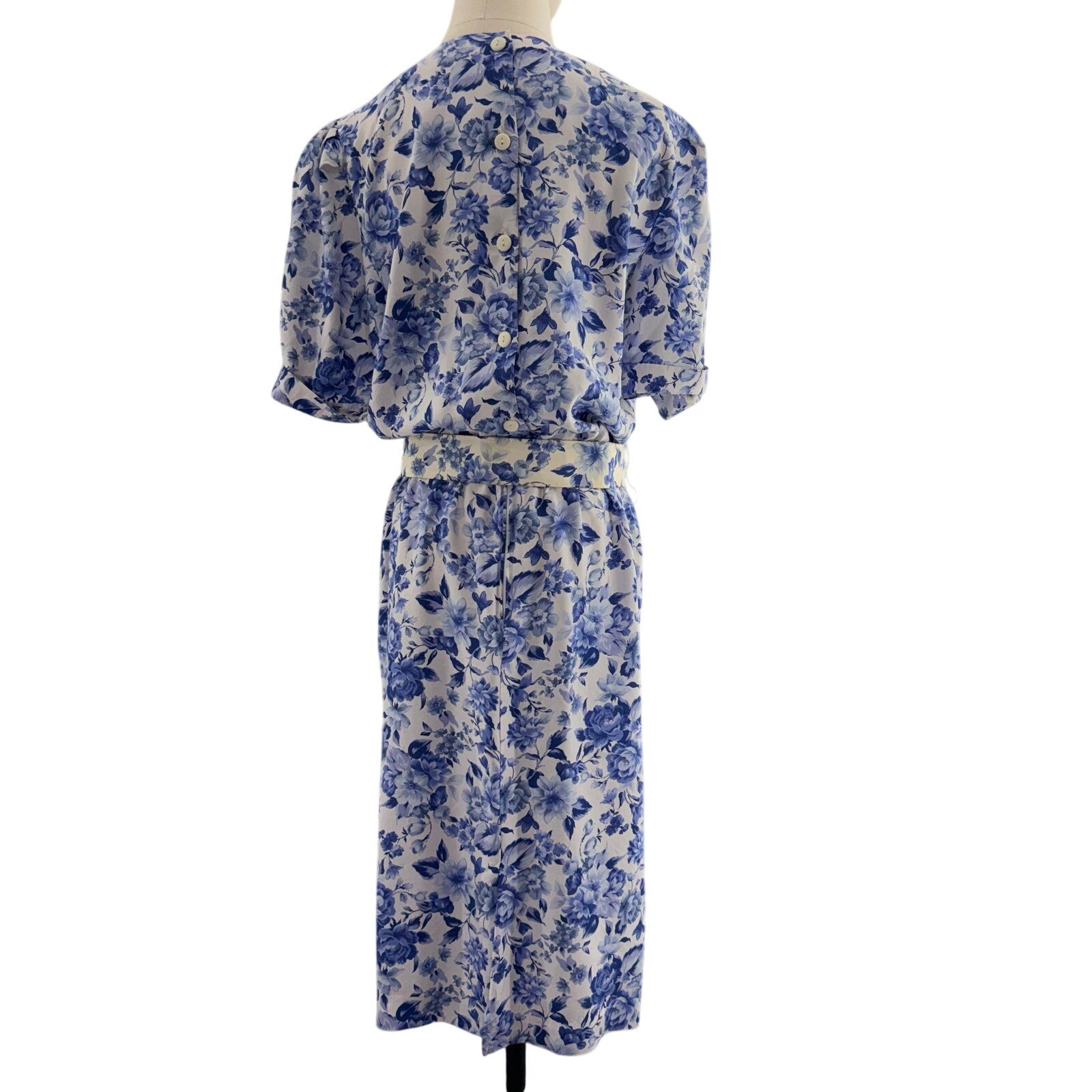 Vintage 90s Womens 12 Karin Stevens Blue Floral Rayon Midi Dress Belted
