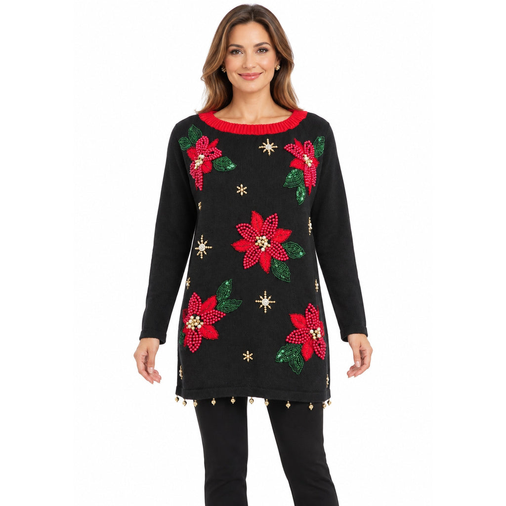 Vintage 80s Black Beaded Poinsettia Christmas Tunic Sweater Women's Large