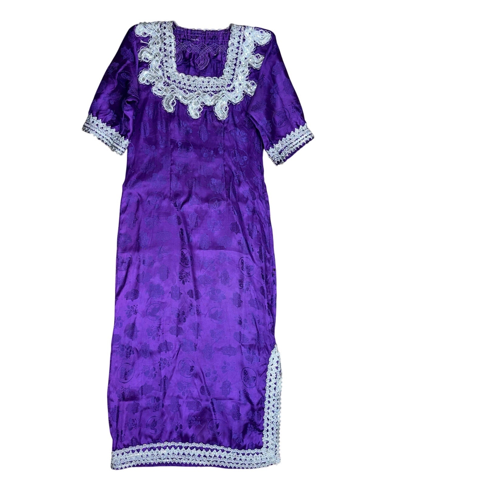 Vintage 90s Women's Medium Royal Purple Embossed Maxi Dress Silver Trim