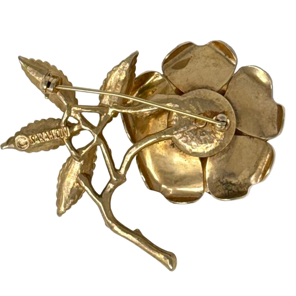 Vintage 1970s Sarah Coventry Brooch Gold Rose Green Enamel Floral