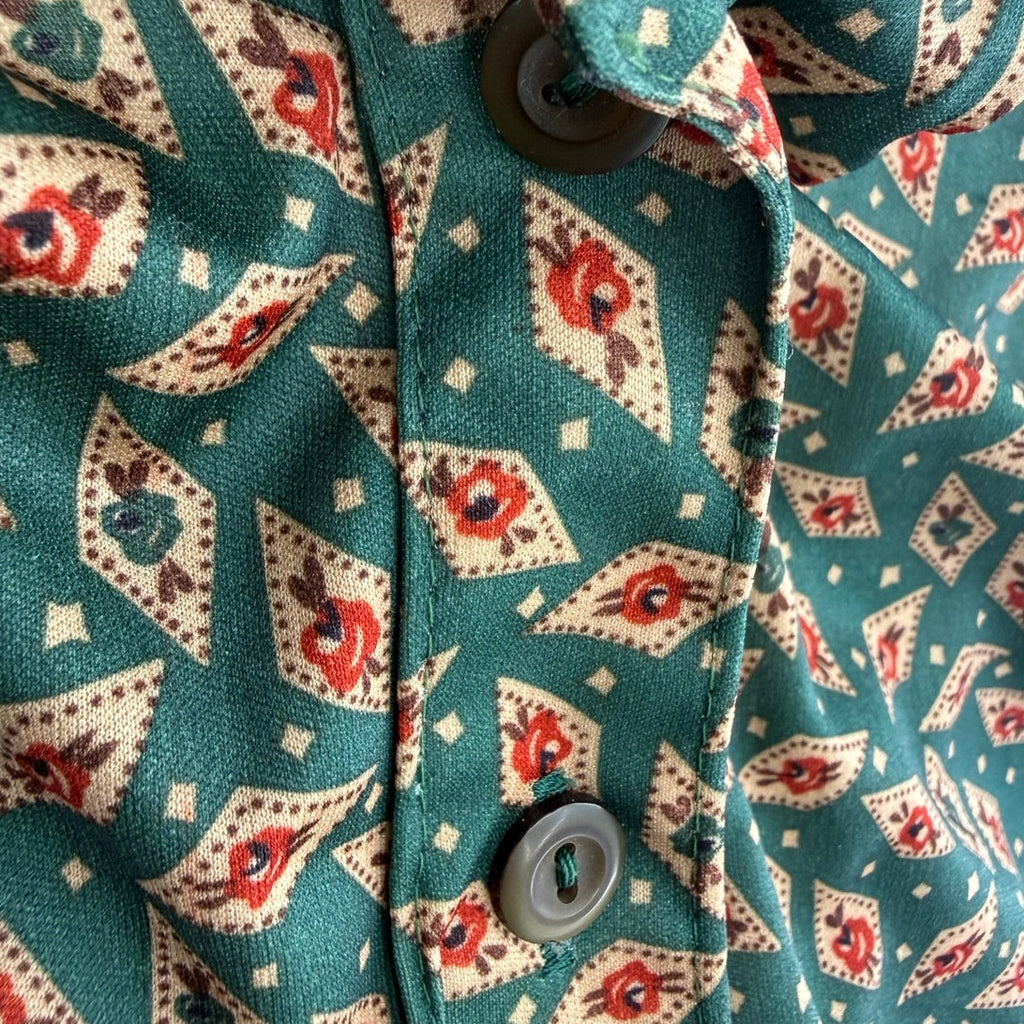 Vintage 70s Green Geometric Bow Tie Neck Polyester Blouse Women's Large