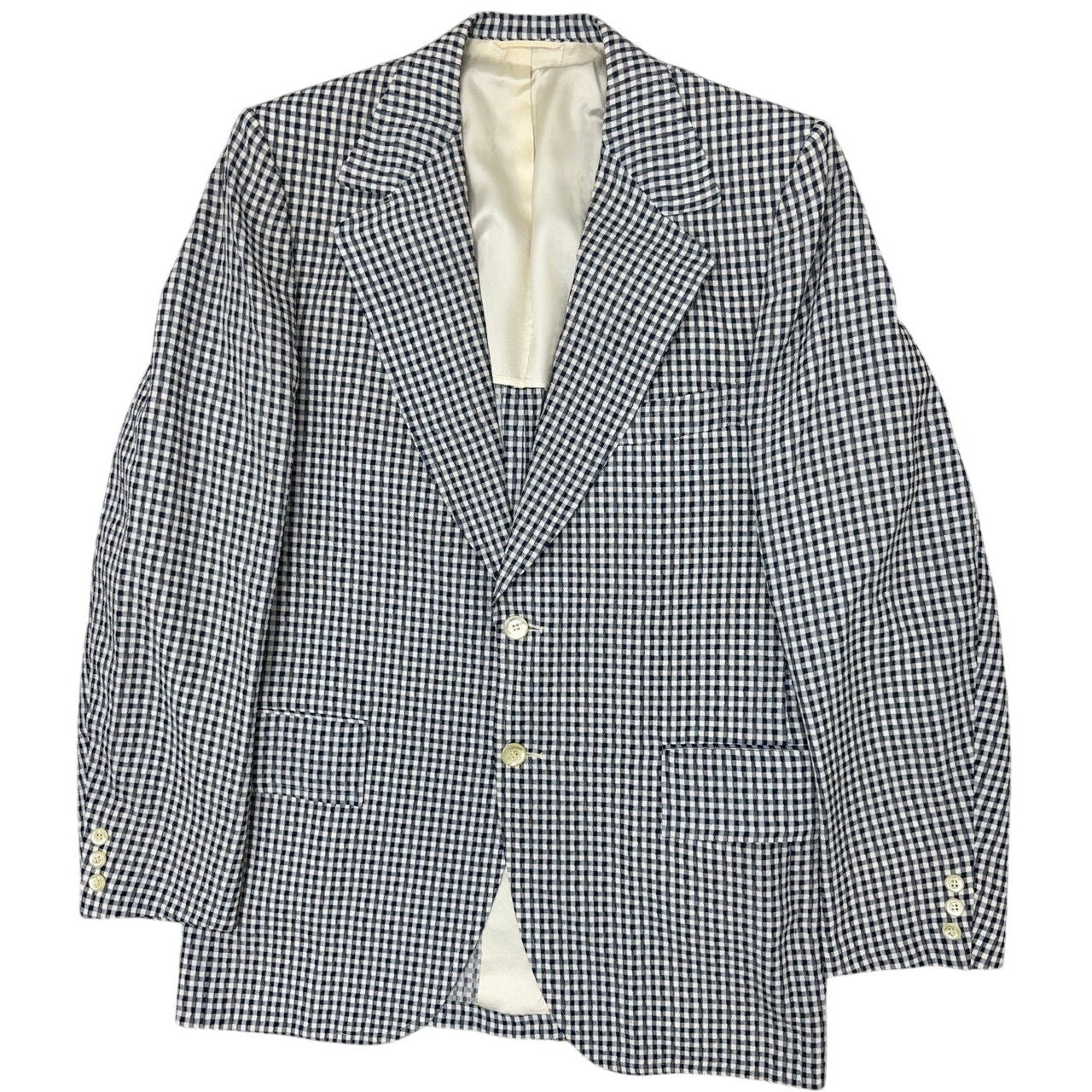 Vintage 70s Men's Large 42R Gray Hilton Navy White Check Blazer Sport Coat USA