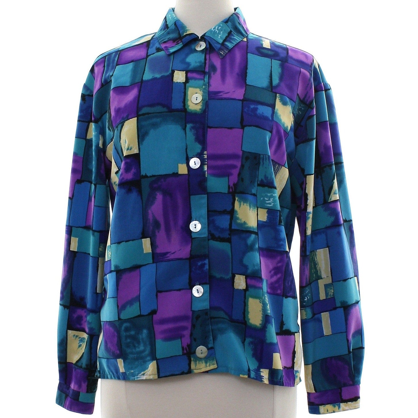Vintage 80s Women's Medium Sears Geometric Blouse Purple Teal Button Front Shirt