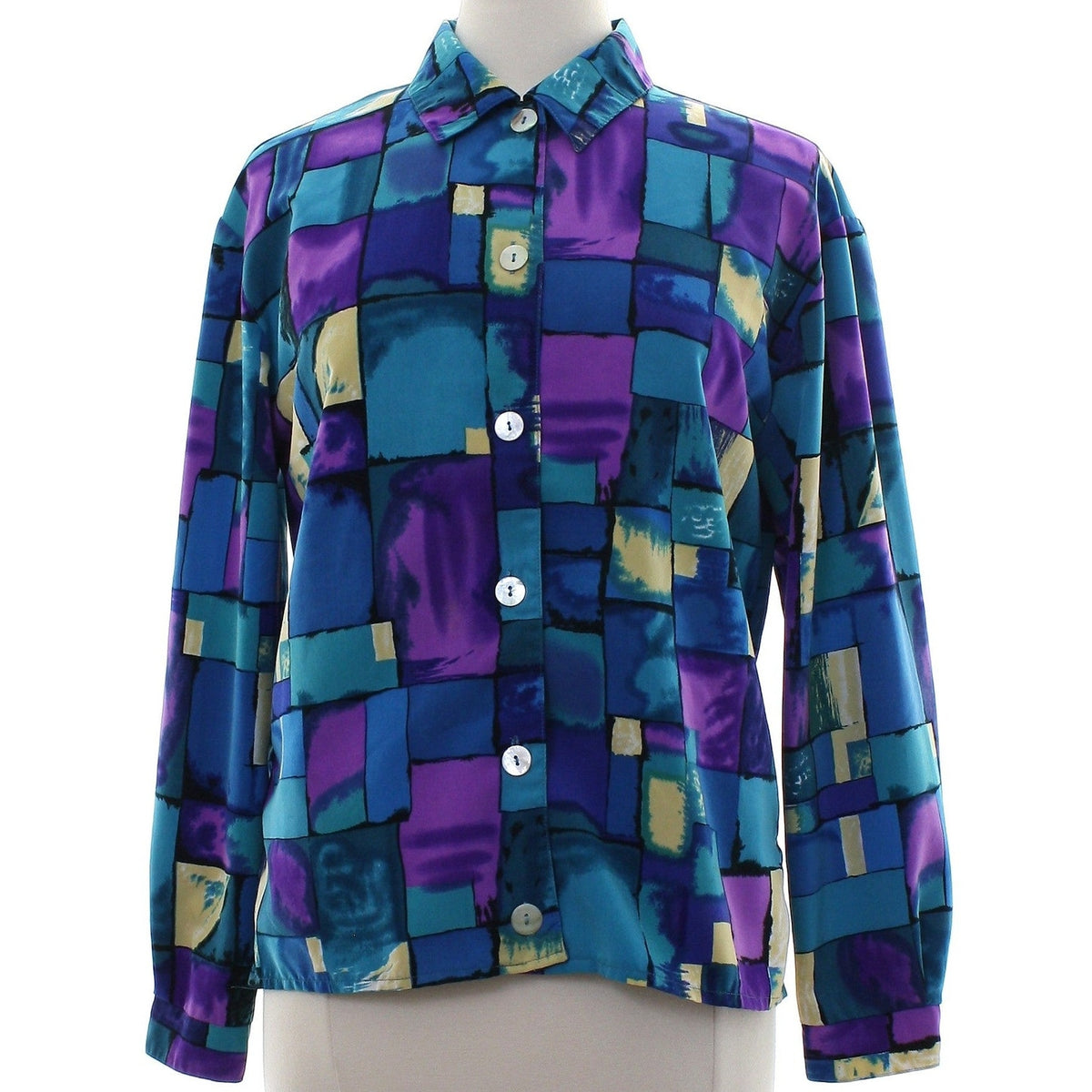 Vintage 80s Women's Medium Sears Geometric Blouse Purple Teal Button Front Shirt