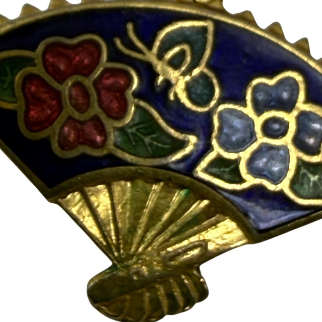 Vintage 70s Enamel Fan Earrings Gold Tone Floral Navy Red Green