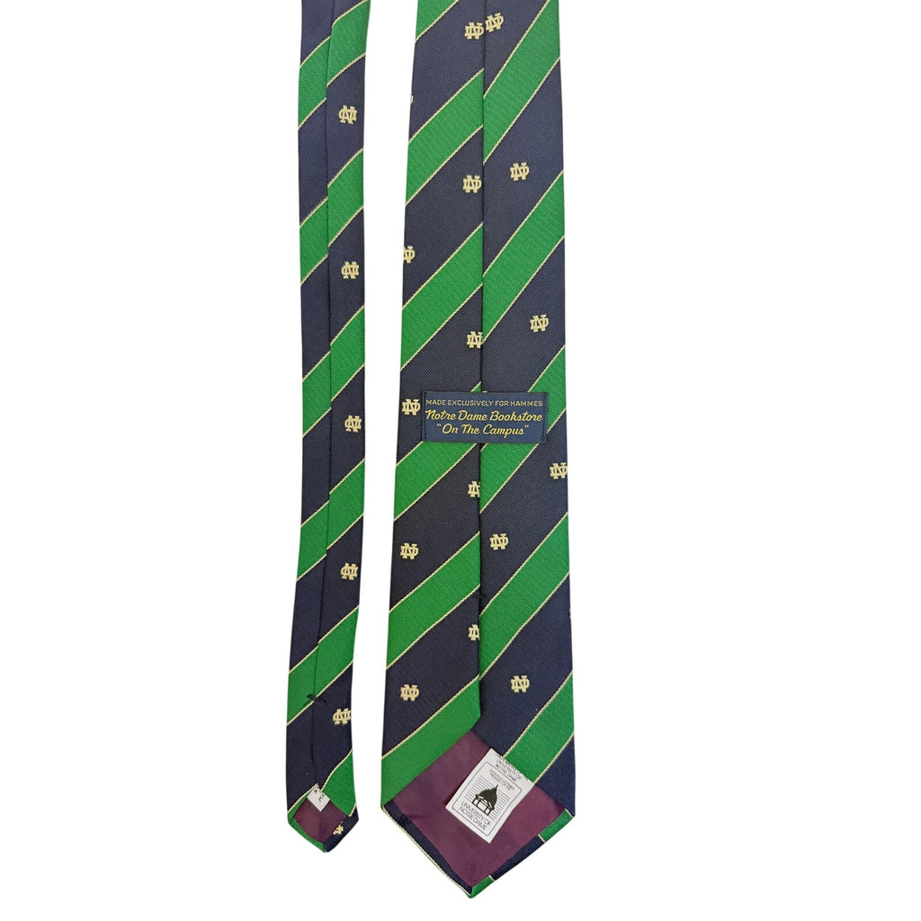 Notre Dame Bookstore Men's Silk Tie Green Blue Stripe ND Logo Made in USA