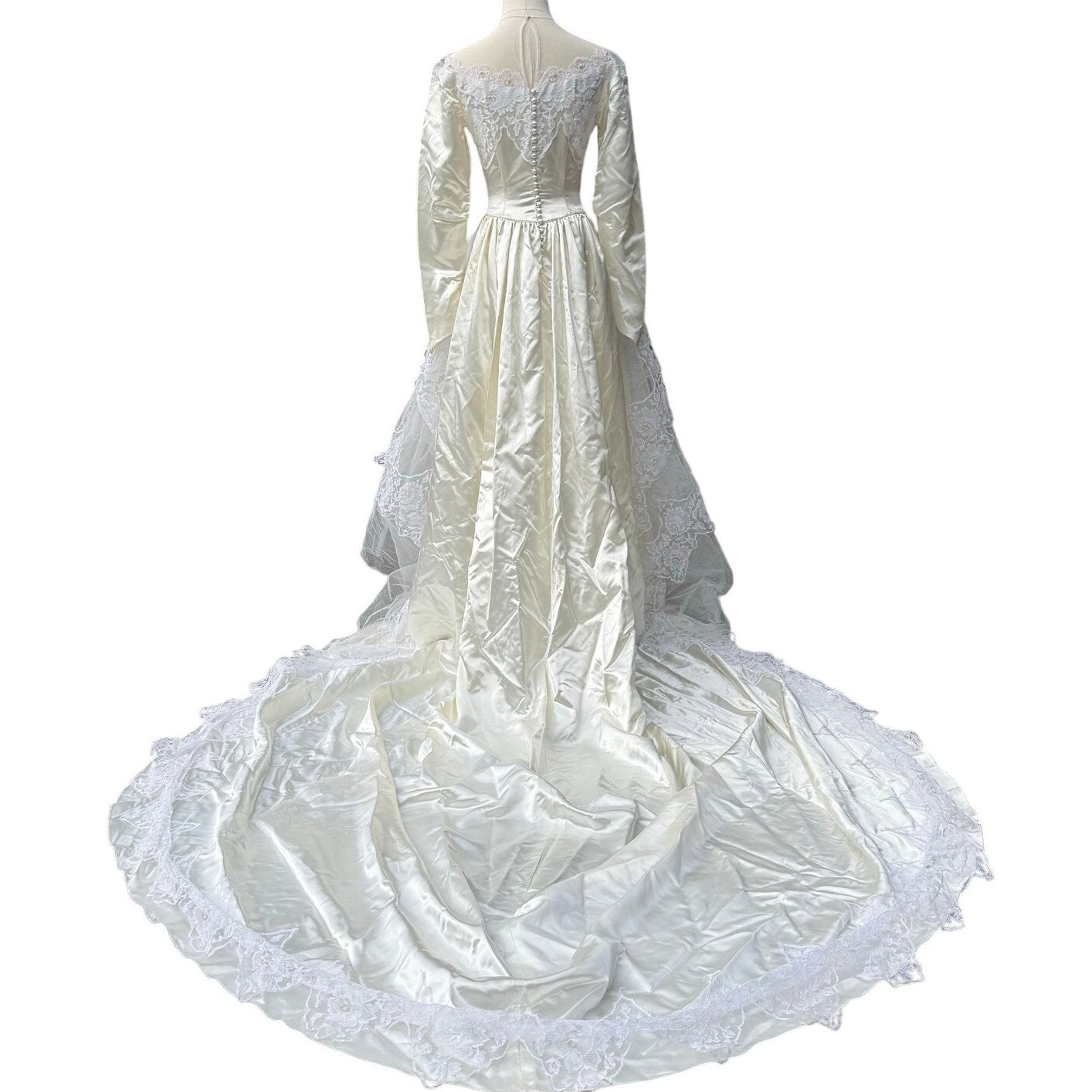 Vintage 50s Women's XS Wedding Dress Satin Lace and Chapel Train Sylvia Ann