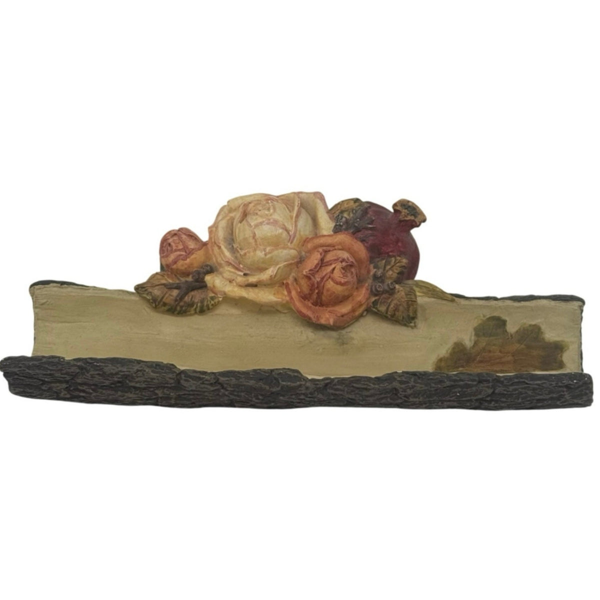Vintage 90s Office Desk Pen Holder Resin Rustic Rose Floral Wood 8x4