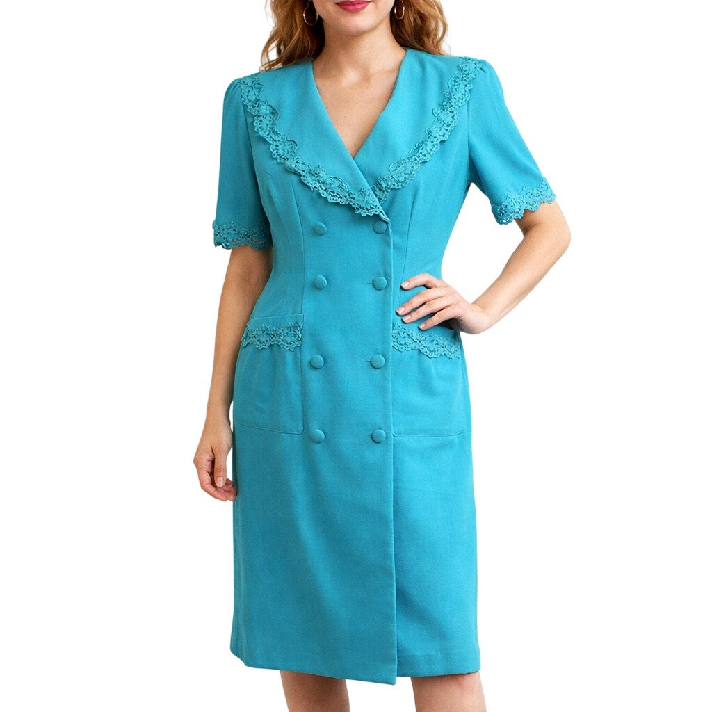 Vintage 80s Aqua Blue Midi Dress Women's 12 Lace Trim Double Breasted
