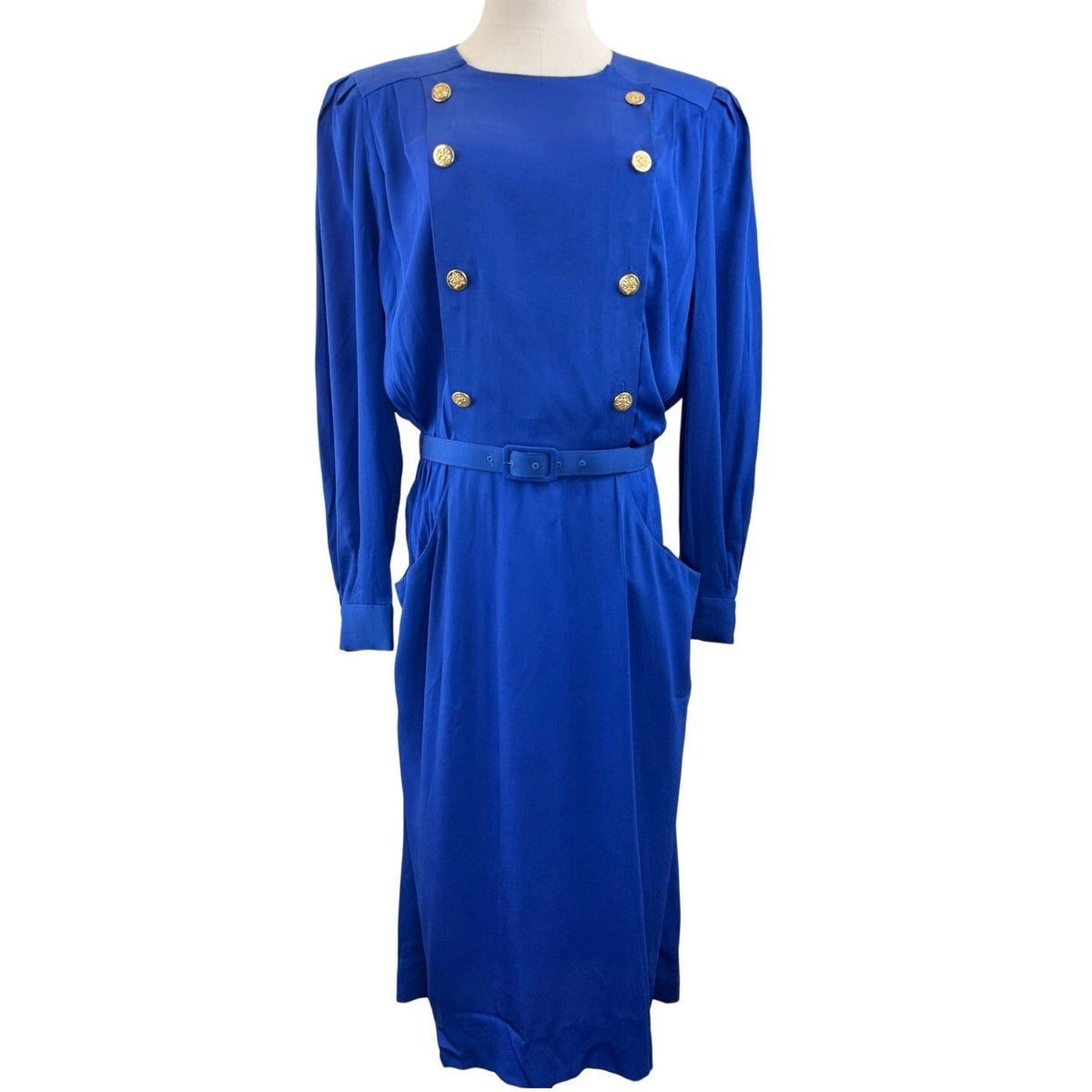 Vintage 80s Albert Nipon Royal Blue Rayon Crepe Belted Midi Dress Women's 14