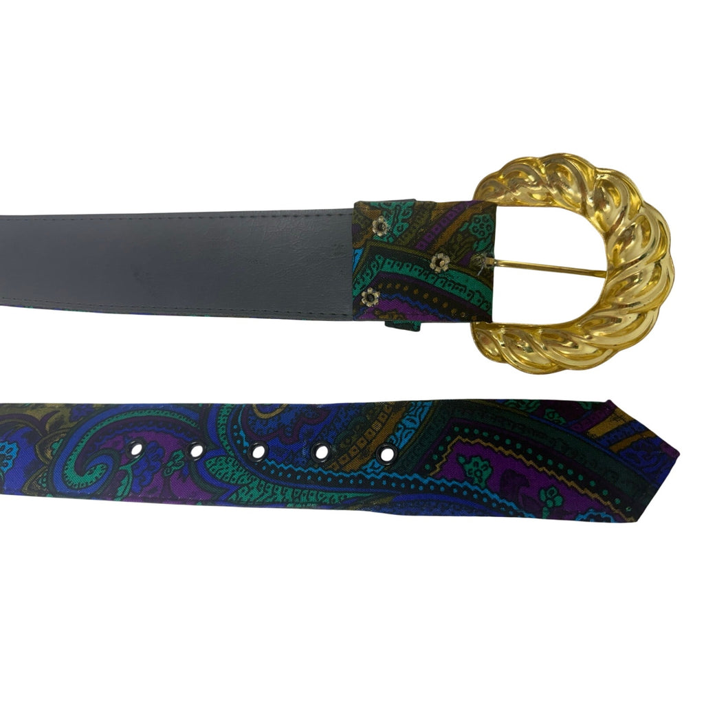 Vintage 90s Paisley Leather Belt Gold Buckle Adjustable Waist 31-35 Boho