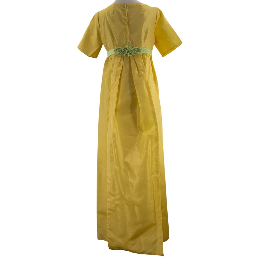 Vintage 60s Women's Small Yellow Chiffon Empire Waist Prom Dress Mint Ribbon