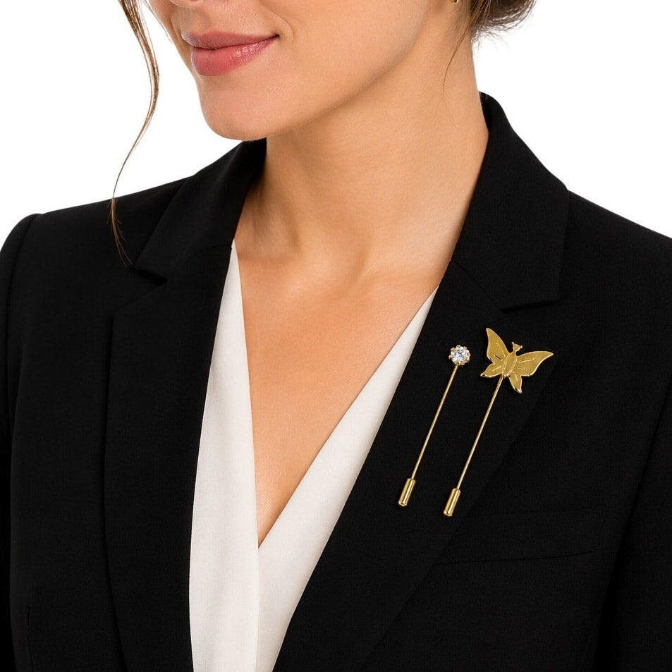 Vintage 90s Gold Tone Butterfly & Rhinestone Stick Pin Set 2.5”