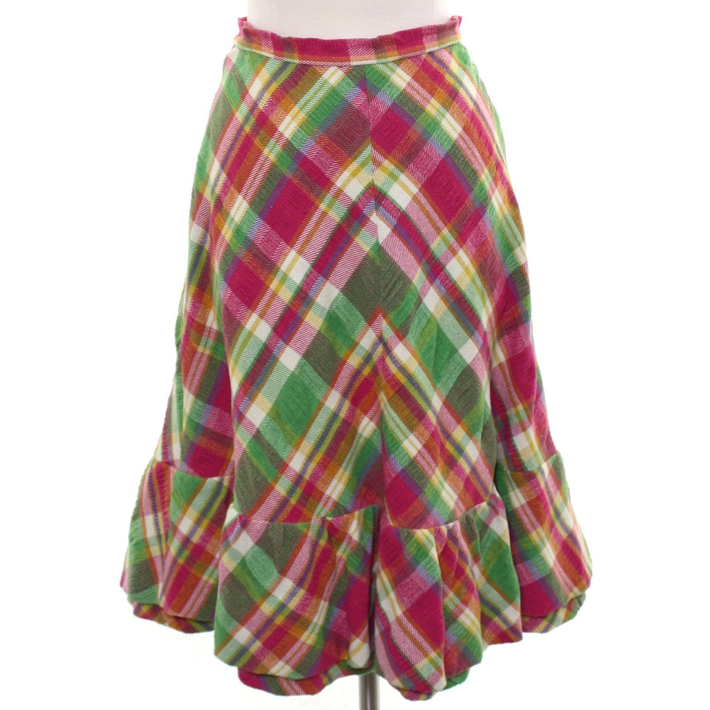 Vintage 1970s Handmade Pink Green Plaid Chevron Ruffle Midi Skirt 28"
