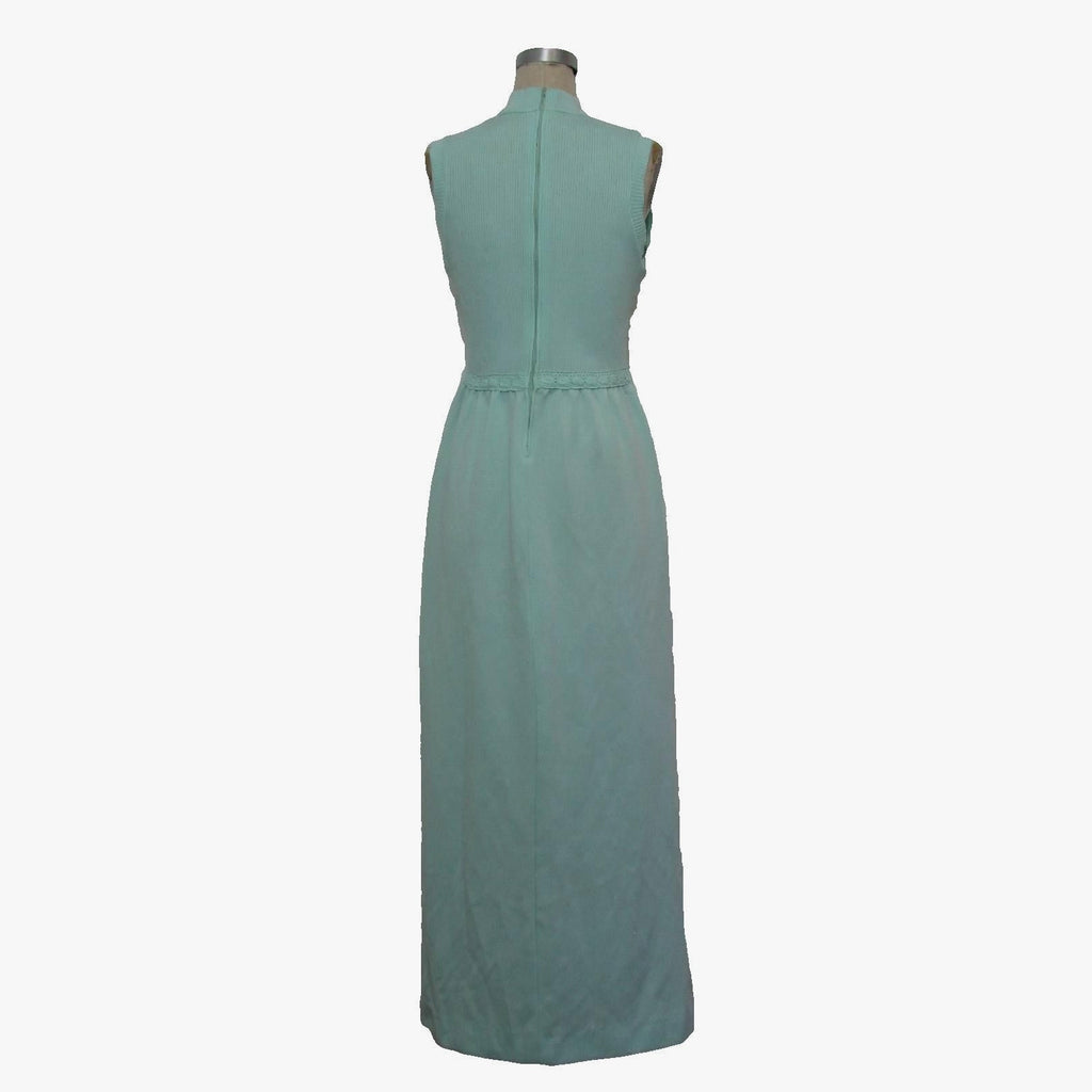 Vintage 70s Women's Small Maxi Dress Alison Ayers Mint Sleeveless Rib Knit Lace