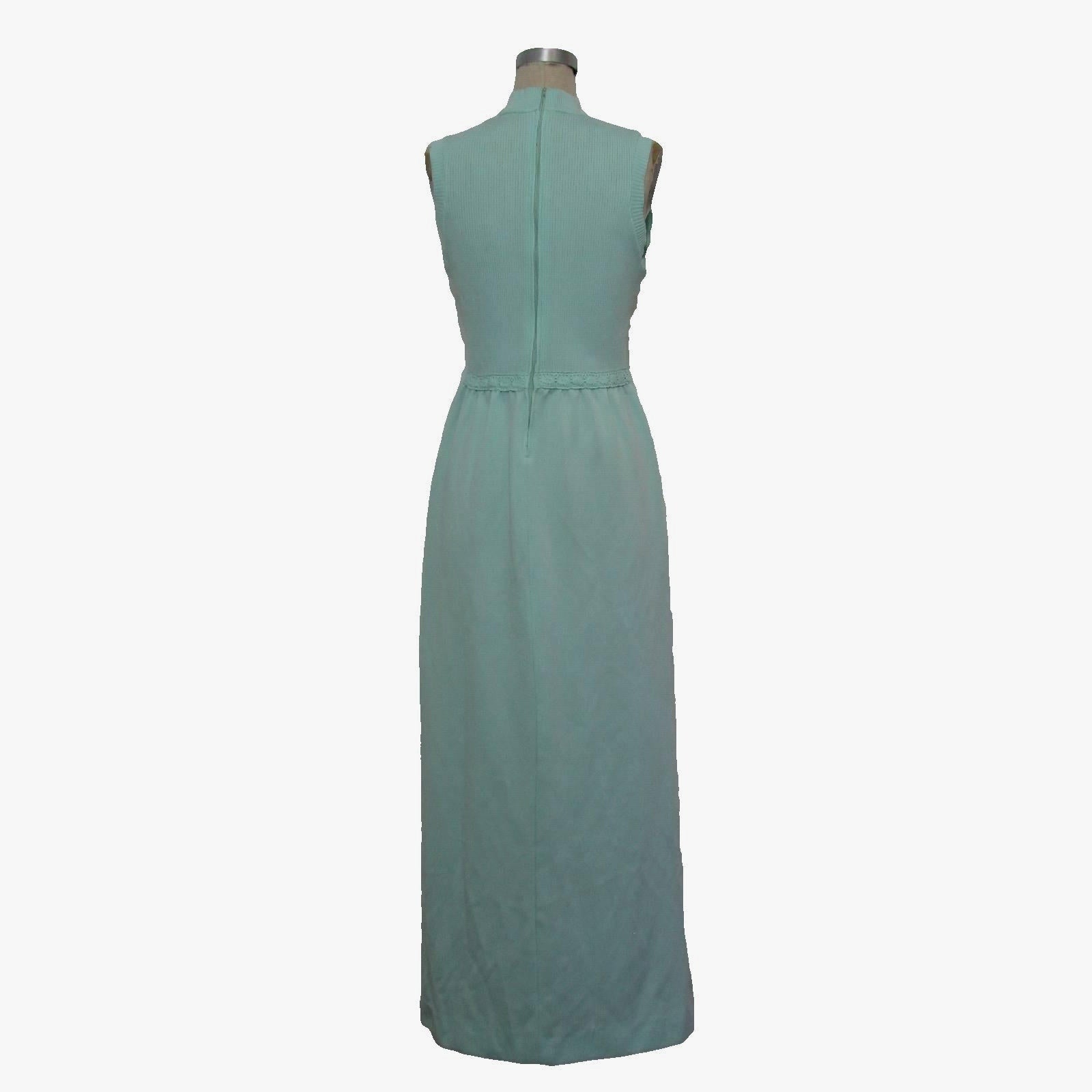 Vintage 70s Women's Small Maxi Dress Alison Ayers Mint Sleeveless Rib Knit Lace