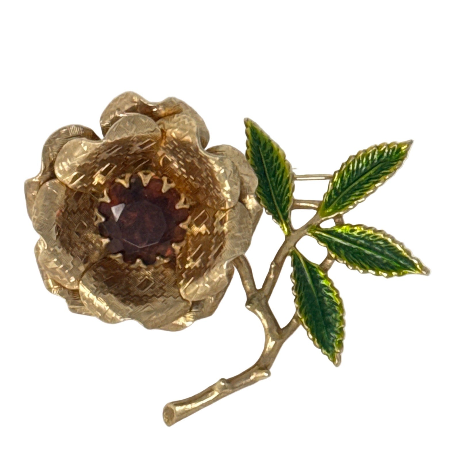 Vintage 1970s Sarah Coventry Brooch Gold Tone Rose Green Enamel Floral
