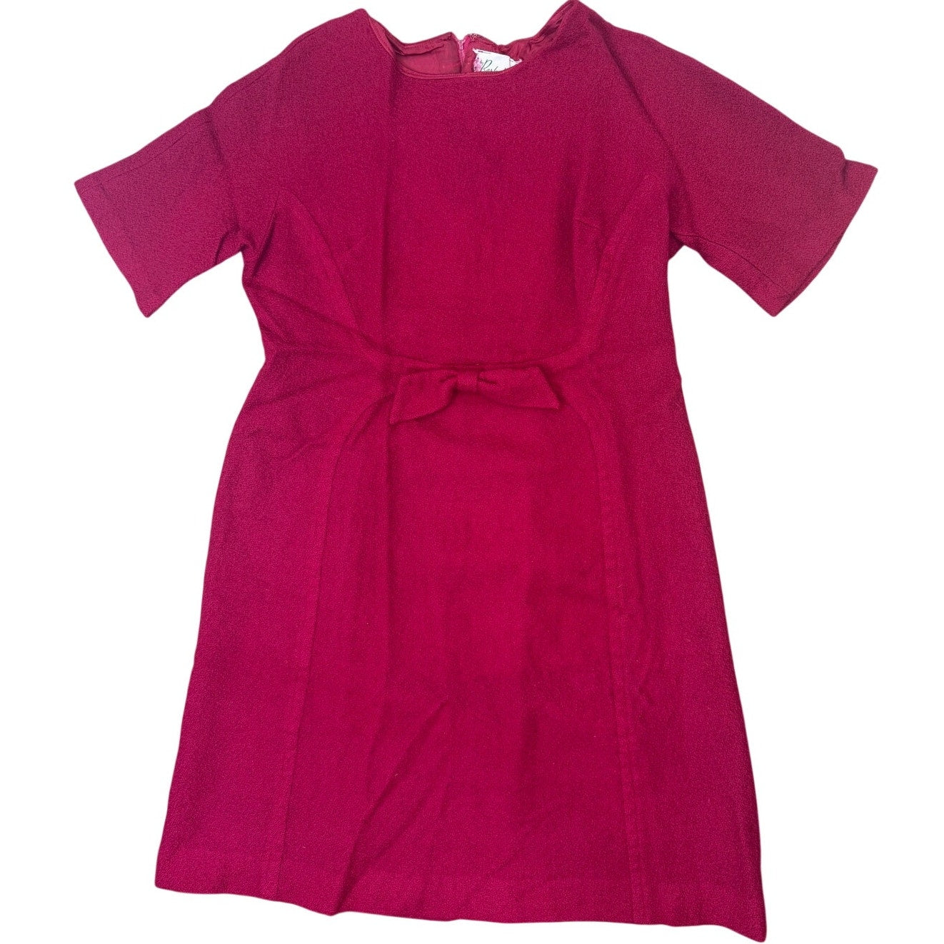 Vintage 60s Berkshire Wine Red Boucle Knit A-Line Dress Bow Accent Womens Medium