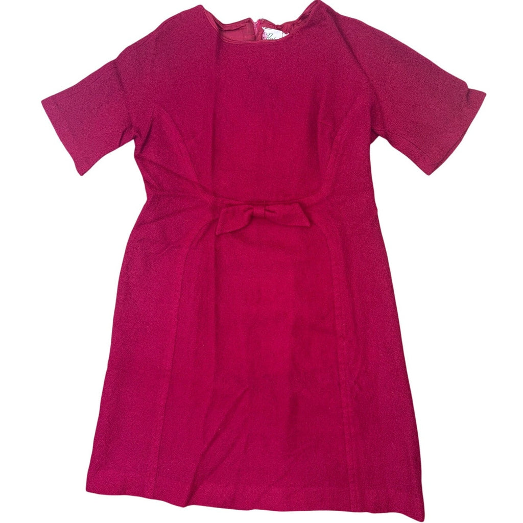 Vintage 60s Berkshire Wine Red Boucle Knit A-Line Dress Bow Accent Womens Medium