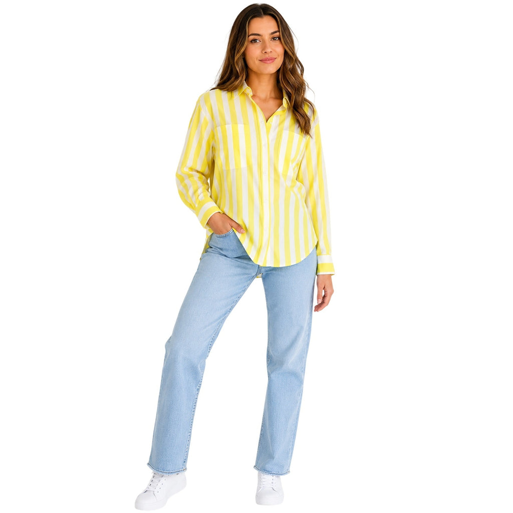 Vintage 80s John Henry Yellow White Stripe Button Front Shirt Women's Small