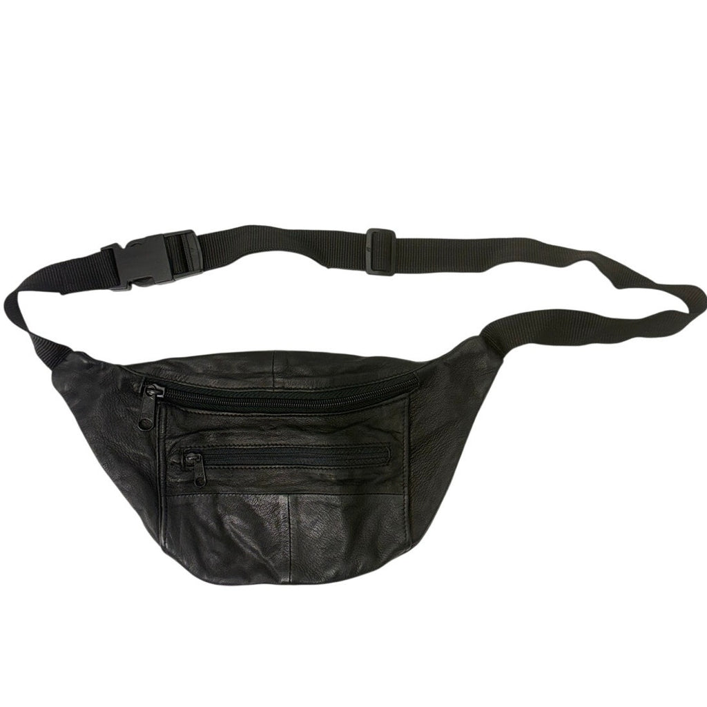 Vintage 90s Black Genuine Leather Fanny Pack Waist Belt Bag 2 Zip Pockets