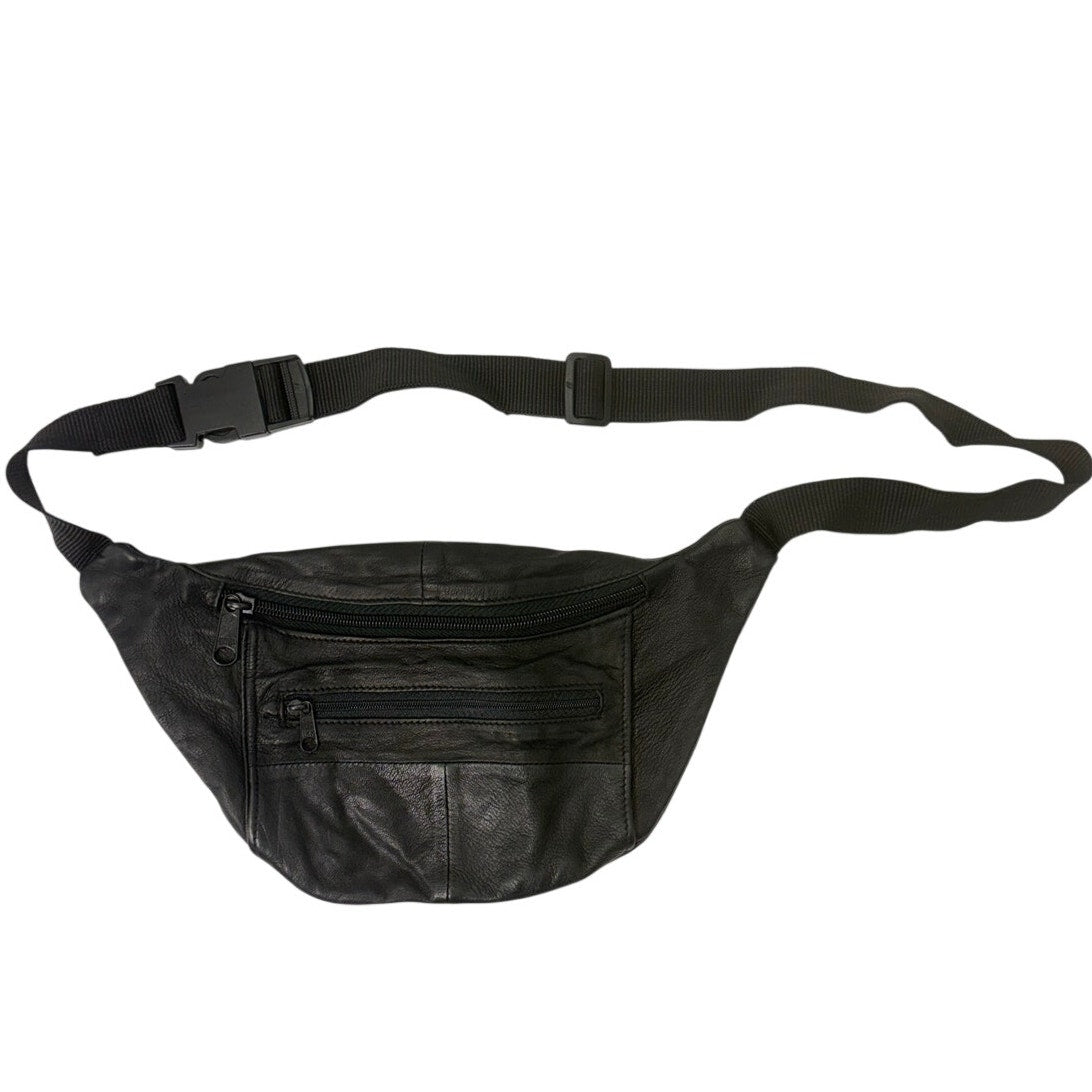 Vintage 90s Black Genuine Leather Fanny Pack Waist Belt Bag 2 Zip Pockets