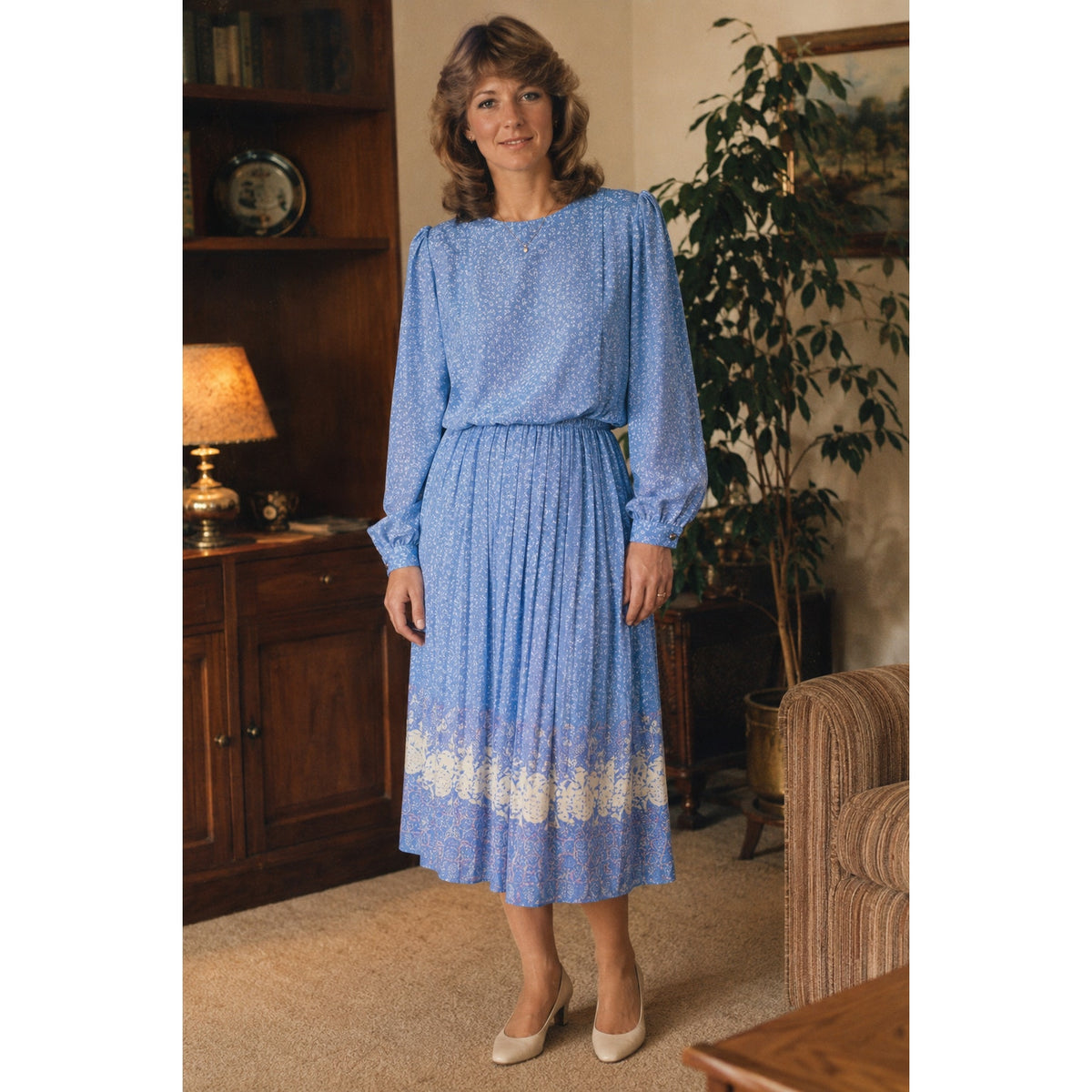 Vintage 1970s Amy-Deb Blue Floral Border Print Pleated Midi Dress Women's Medium