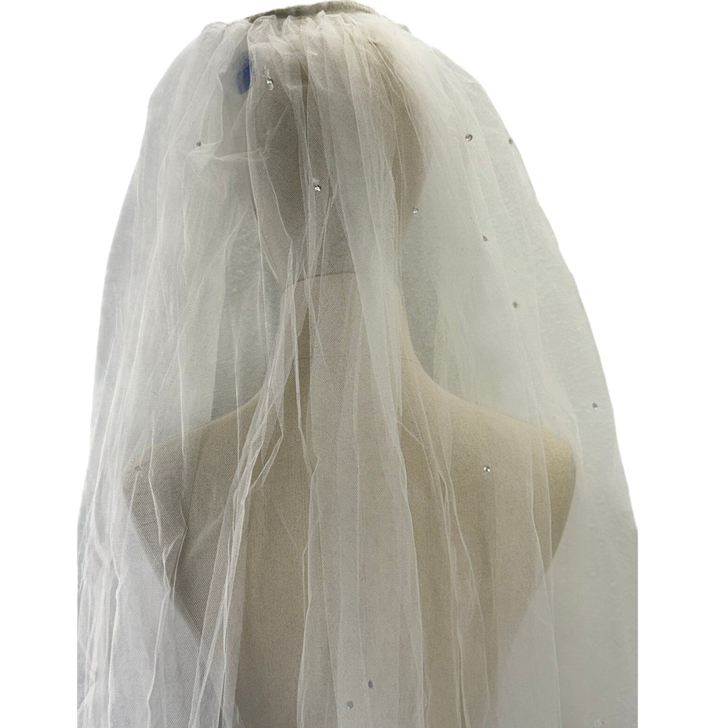 Vintage 90s Bridal Veil Train White Tulle Rhinestone Headband Wedding 95" Long