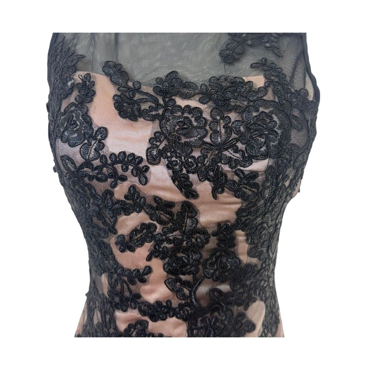 Vintage 90s Black Lace Mermaid Evening Gown Nude Illusion Formal Dress XS Petite