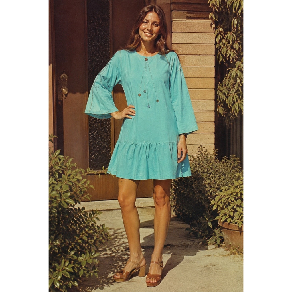 Vintage Style Aqua Home Sewn Peasant Dress Embroidered Ruffle 42 Bust