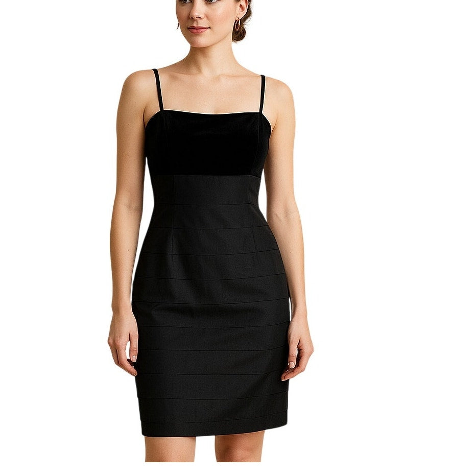 Vintage Y2K Alex Evenings Black Velvet Satin Tiered Cocktail Dress Women's 8