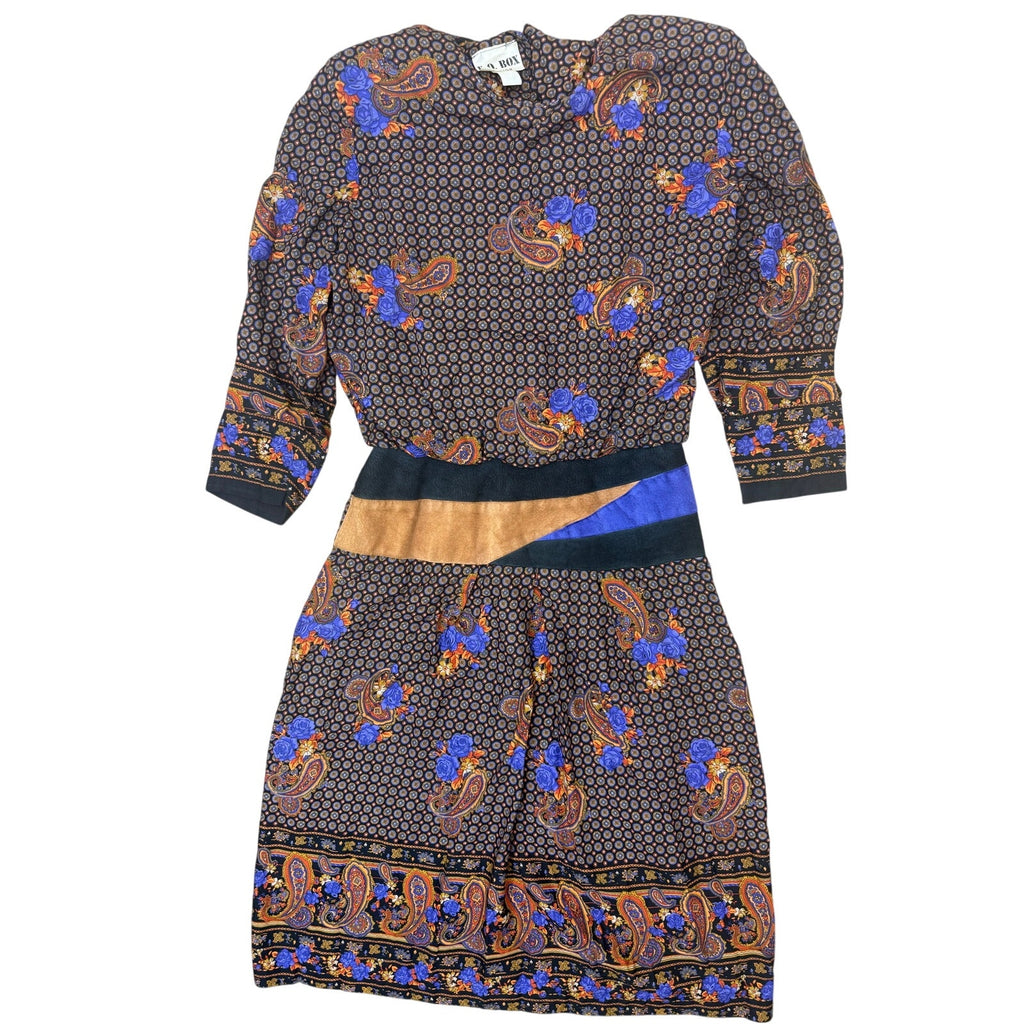 Vintage 80s Rayon Midi Dress Suede Trim Paisley Floral Boho Women's Small