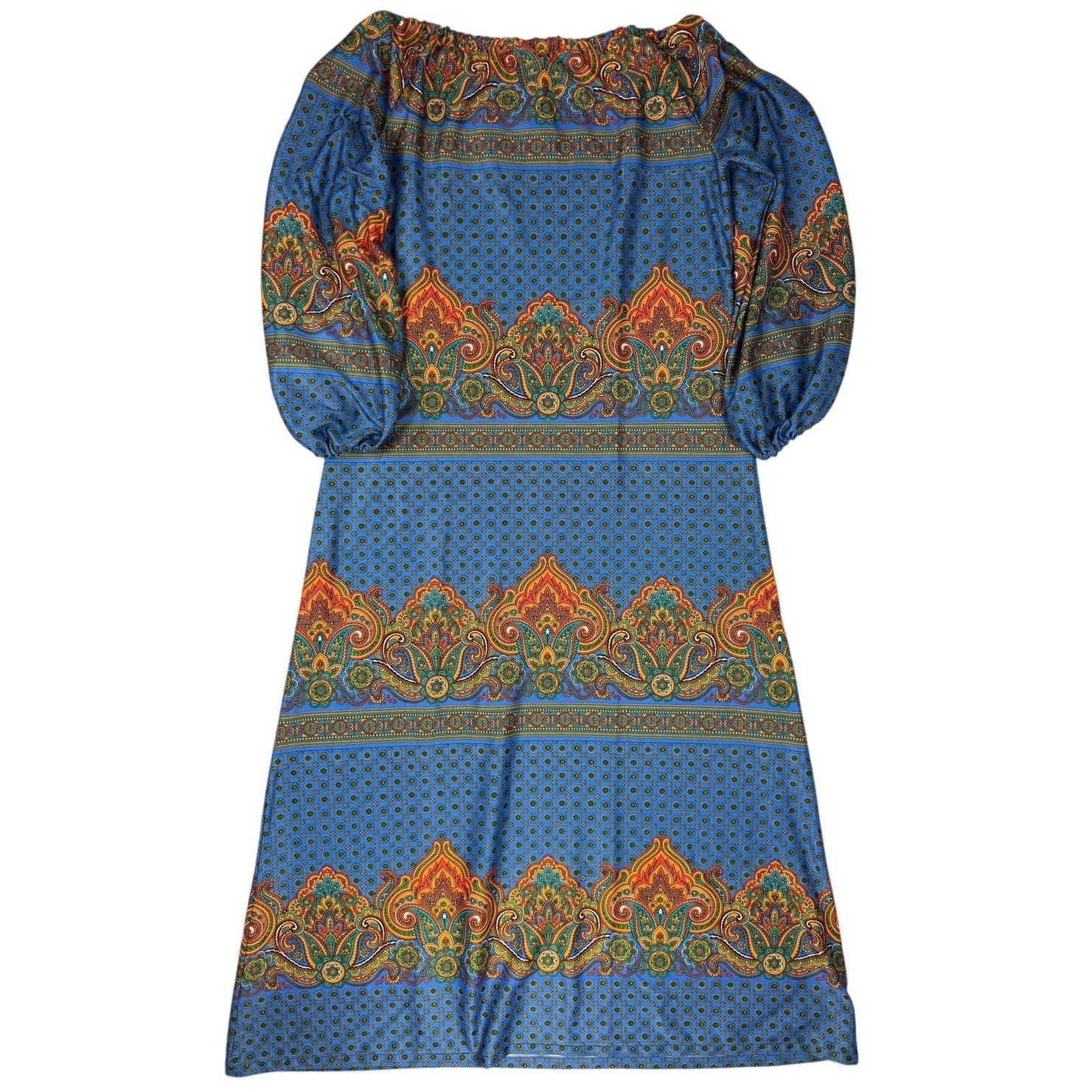 Vintage 1970s Navy Paisley Fleur de Lis Boho Maxi Lounge Dress Women's Medium