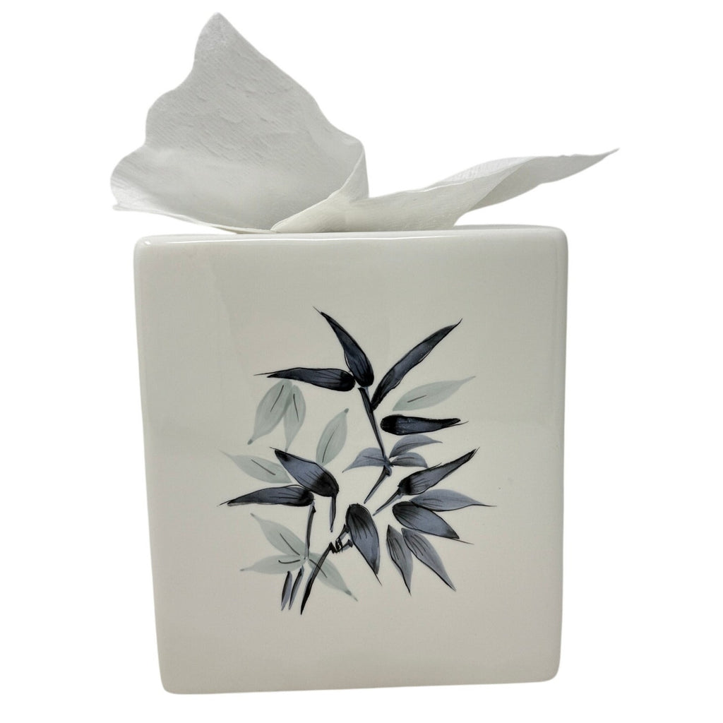 Vintage 70s Ceramic Tissue Box Cover Bamboo Floral White Square