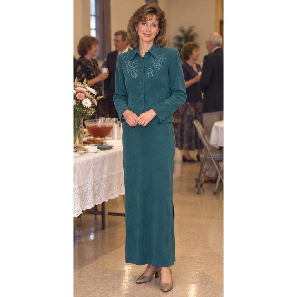 Vintage 90s Karin Stevens Teal Faux Suede Dress Jacket Set Size 14 Women's Large