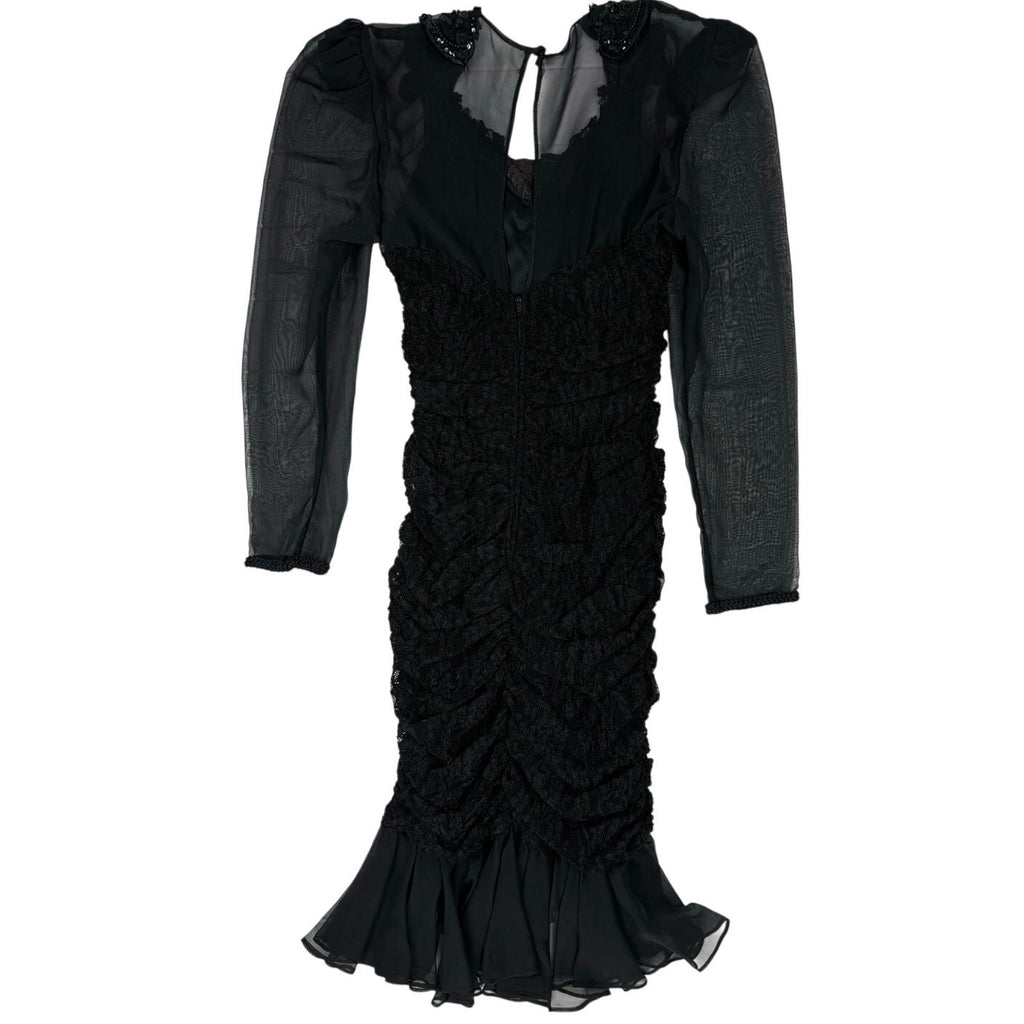 Vintage Y2K Dave & Johnny Black Lace Beaded Ruched Sheer Sleeve Dress Size 5/6