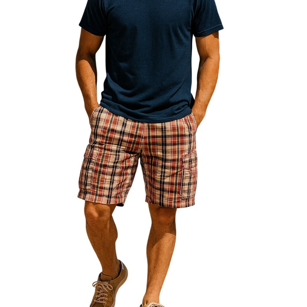 Vintage 00s Club Room Men's 33 Plaid Cargo Shorts Pink Blue Check Cotton Casual