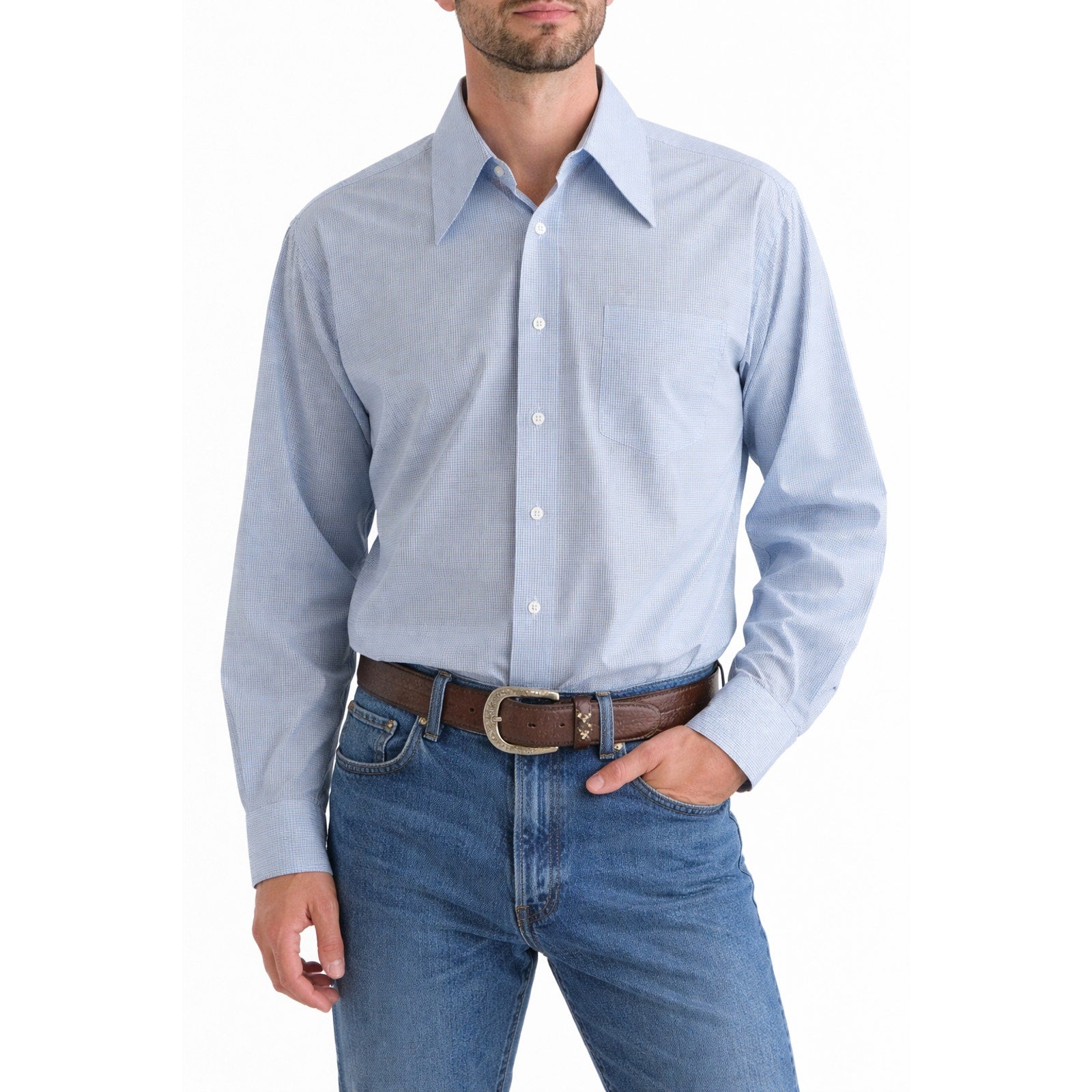 Vintage 70s Men's XL Cascade Blue Micro Check Shirt Disco Collar