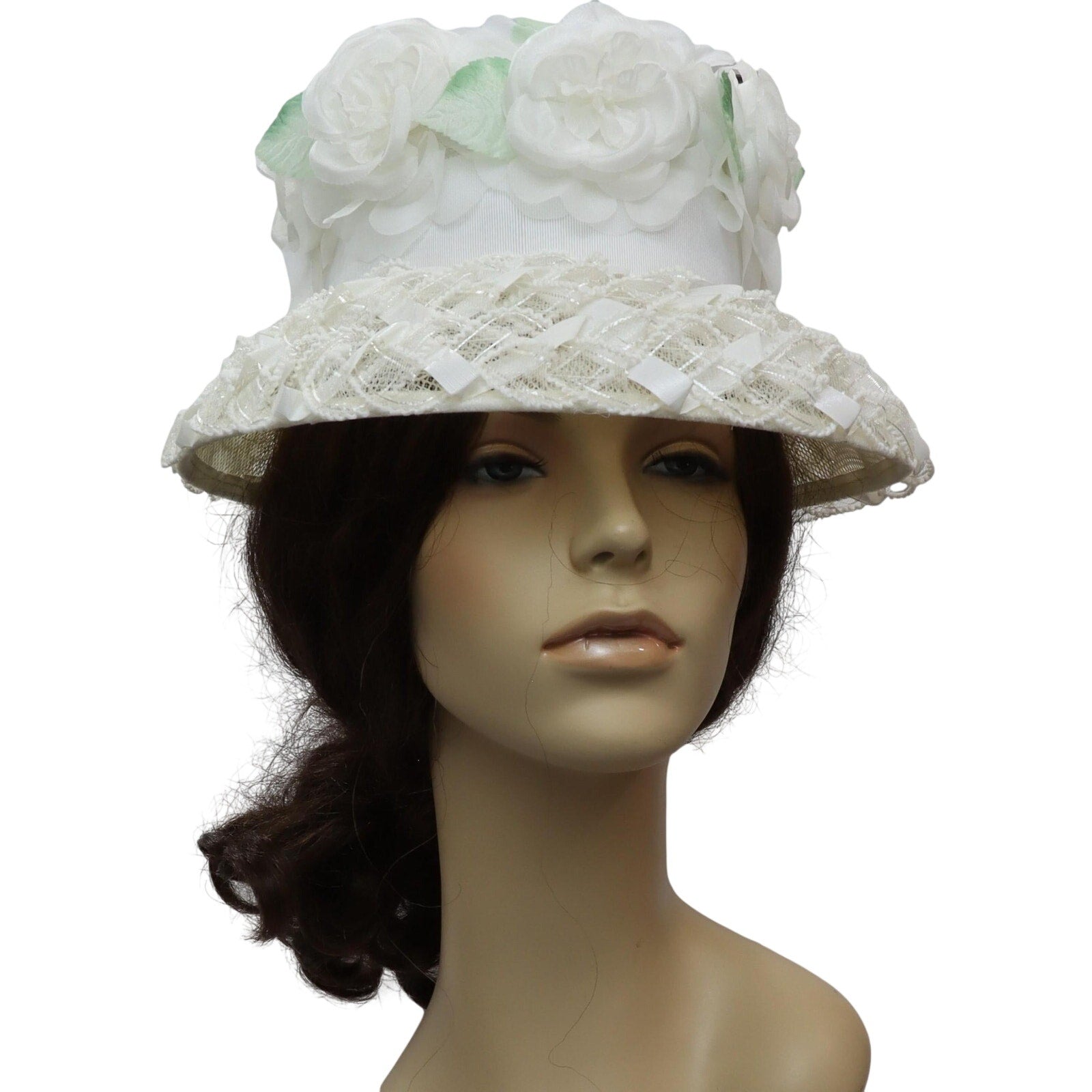 Vintage 60s White Floral Bucket Hat Lace Chiffon Union Label