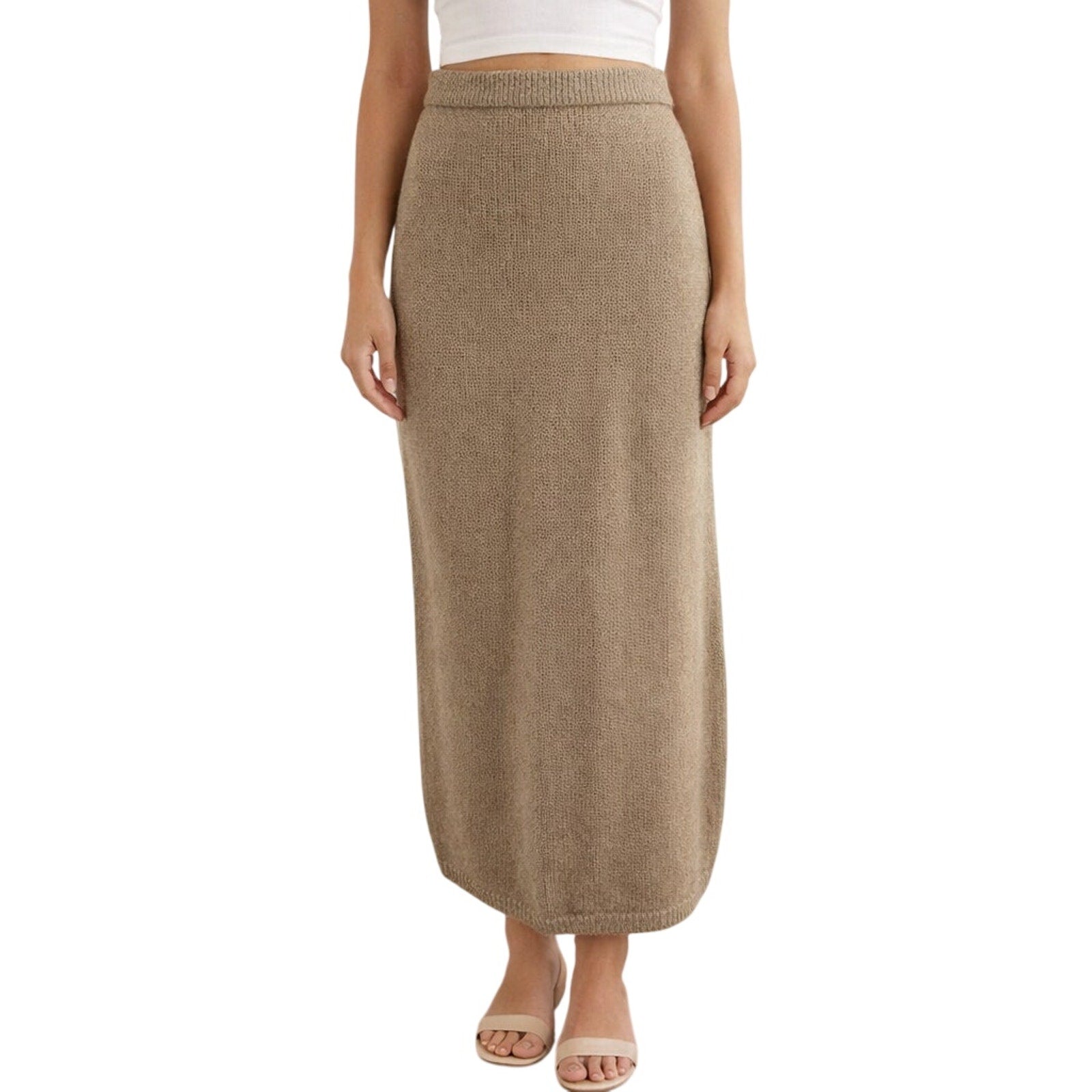 Vintage 1980s Women's Large Haberdasher Taupe Knit Midi Skirt Button Back Elastic