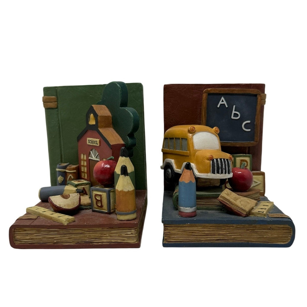 Artisan Flair School Classroom Resin Bookends School Bus Apple Pair