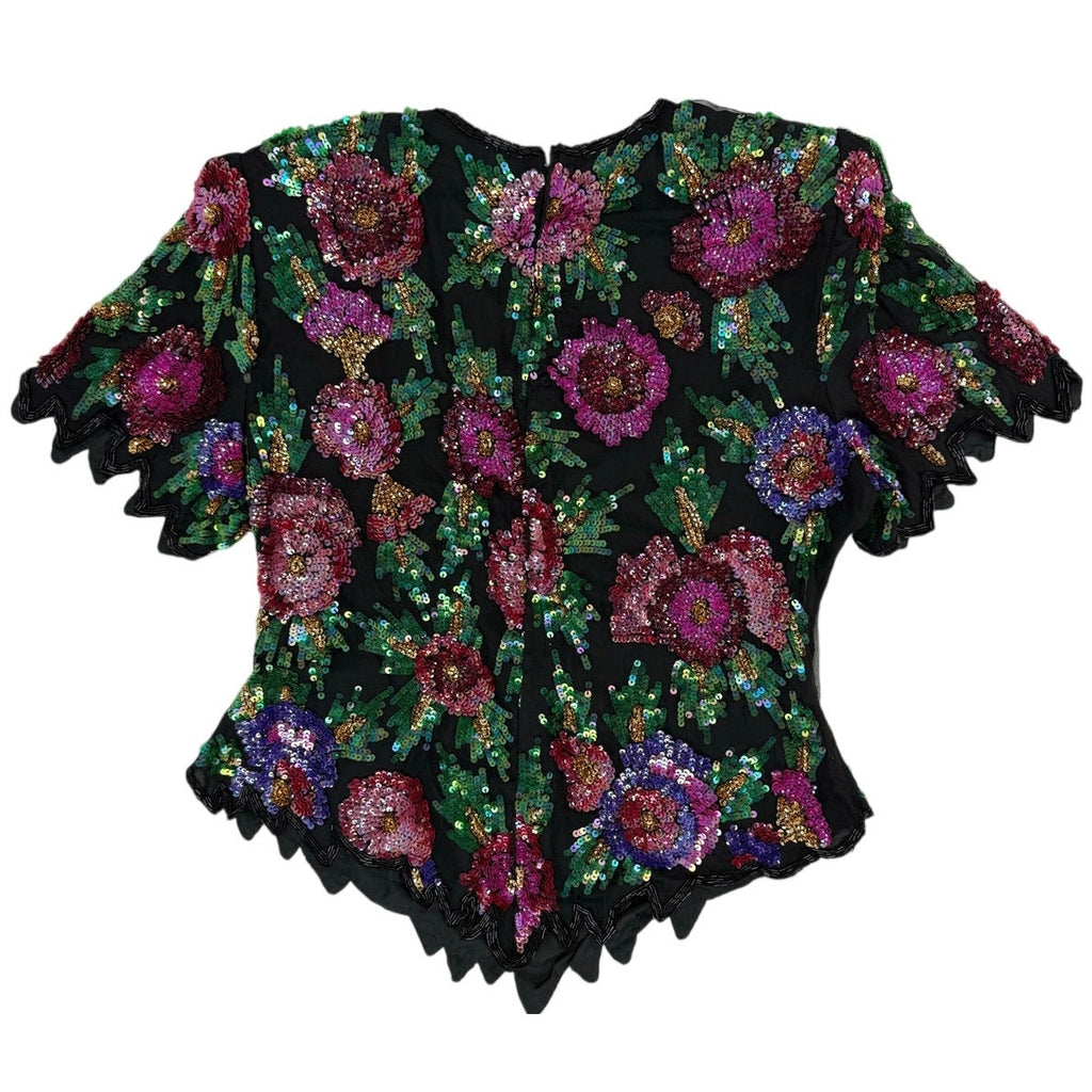 Vintage 80s Laurence Kazar PXL Silk Beaded Sequin Floral Evening Blouse
