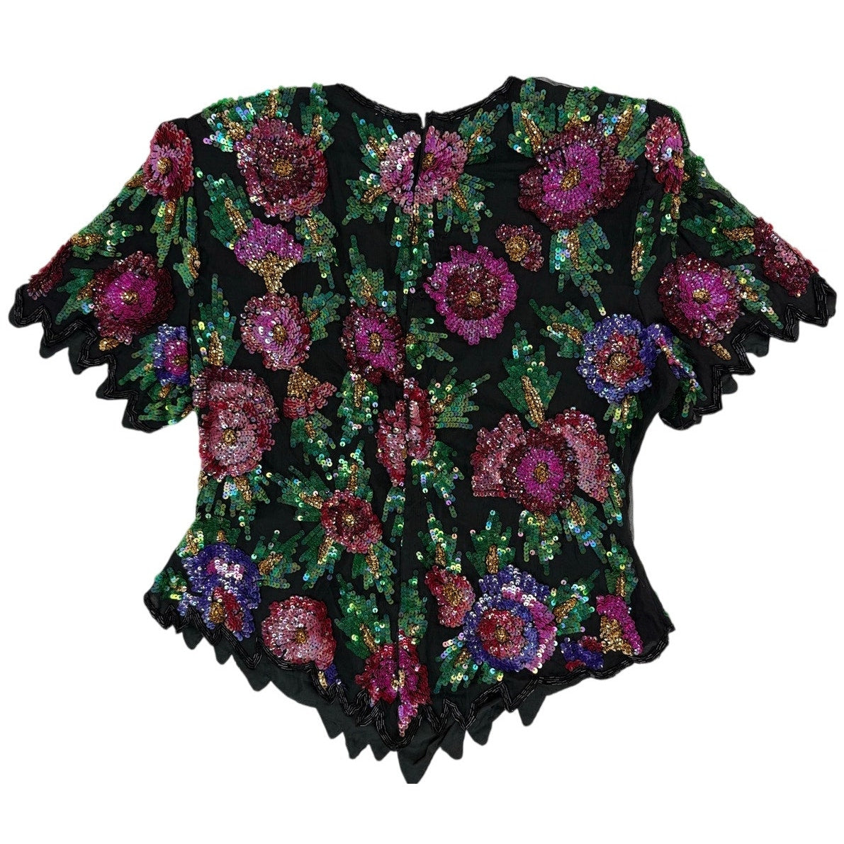 Vintage 80s Laurence Kazar PXL Silk Beaded Sequin Floral Evening Blouse